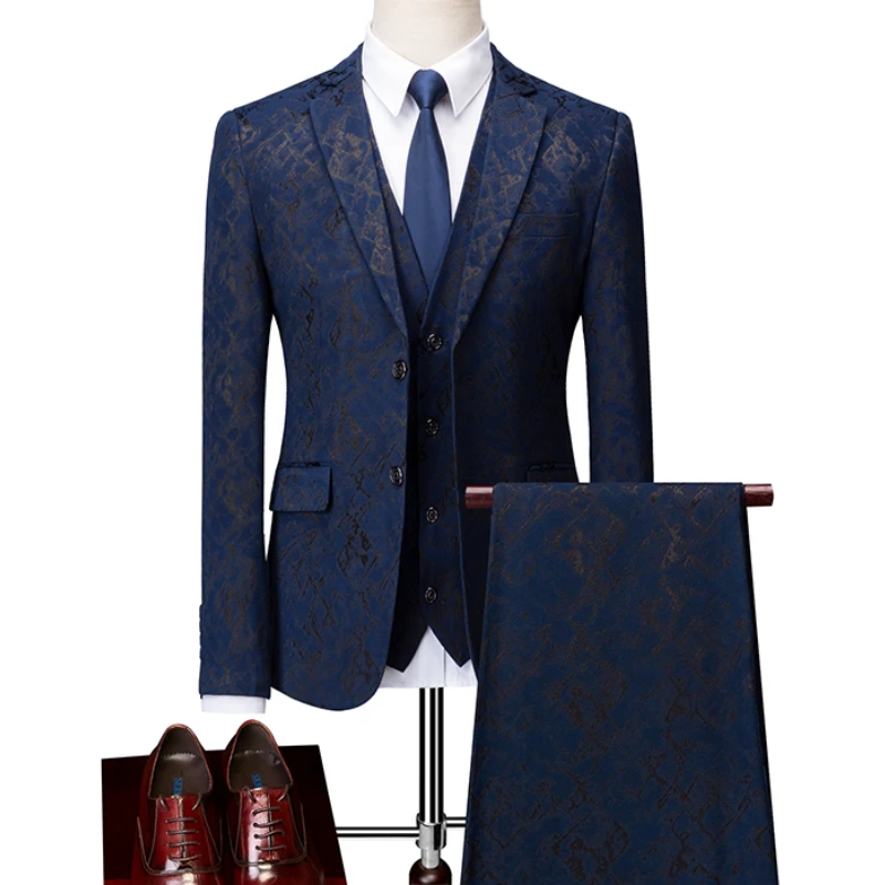 

Fashion New Men's Casual Business Wedding Flower Suits Coat Trousers 3 Pcs Set / Male Printed Dress Blazers Jacket Pants Vest