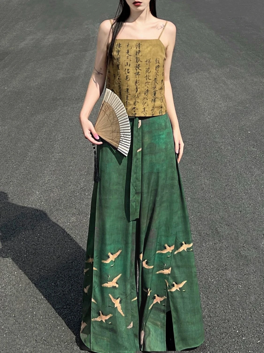 Chinese Ethnic Style Chiffon Print Wide-leg Pants Retro Waist Skirts Pants Casual Women's fashion improved hanfu Trousers