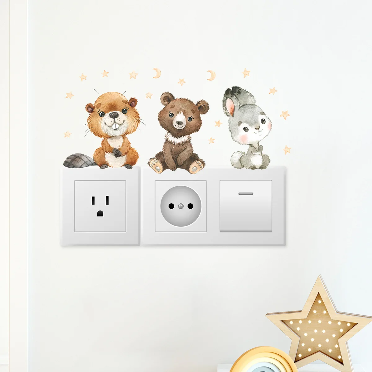 Description Picture 3 of item6pcs/set Boho Color Cute Smile Cartoon Animals Switch Stickers for Wall Kids Room Baby Nursery Room Wall Decals Stars Home Decor