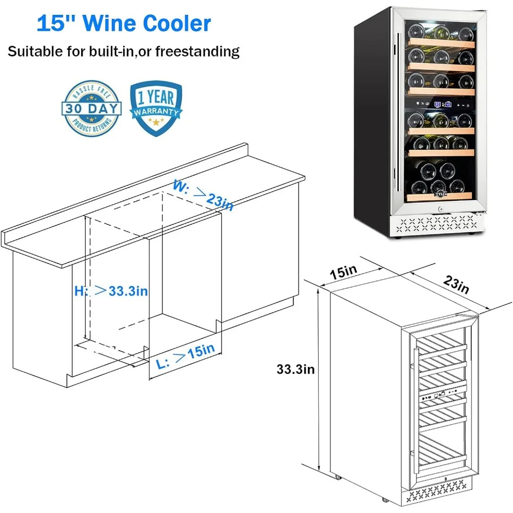 Mini Fridge 15 Inch Wine Cooler Under Counter, 30 Bottle Dual Zone Wine Fridge with Stainless Steel, Refrigerator