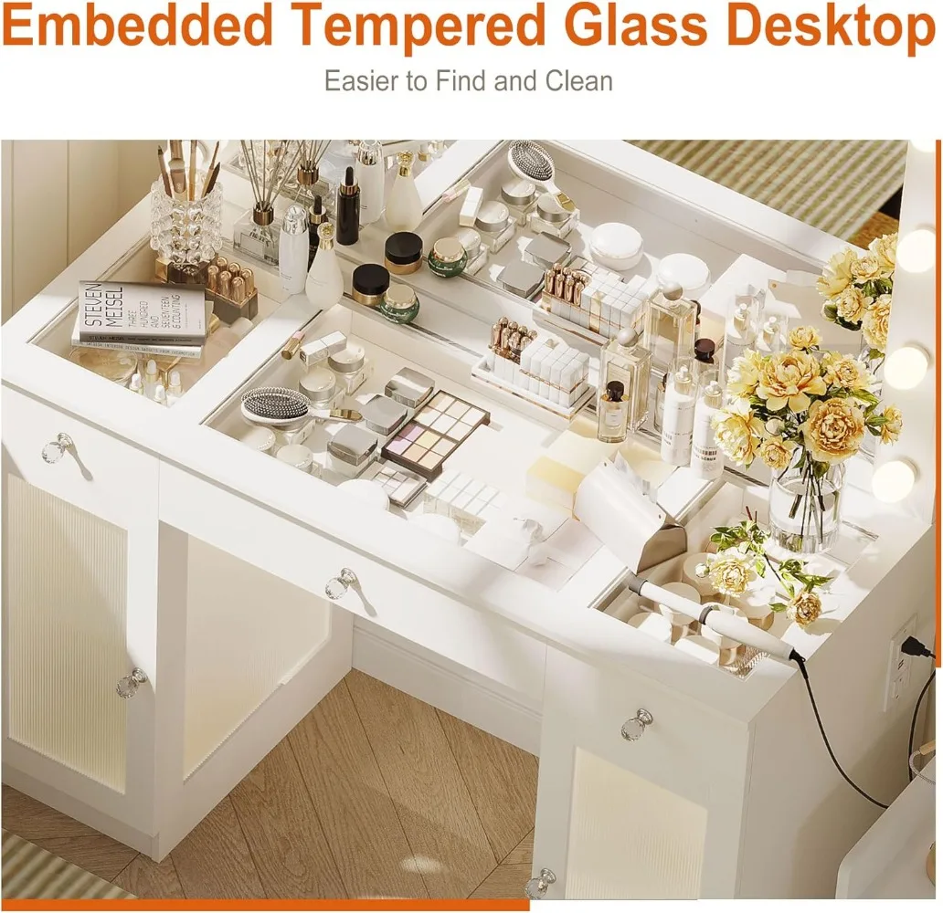 Vanity Desk Mirror and Lights, Glass Top Vanity Lights & Power Outlet, Makeup Desk Lights, Table 3 Color Lighting Modes