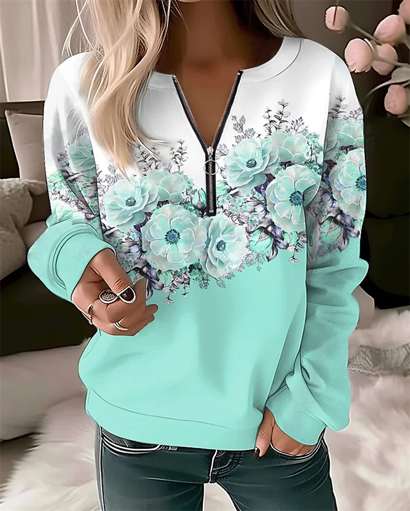Women's Crew Neck Zipper Half-open Sweatshirt Elegant Botanical Flower Print Hoodie Female Autumn Long Sleeve Pullover Outerwear