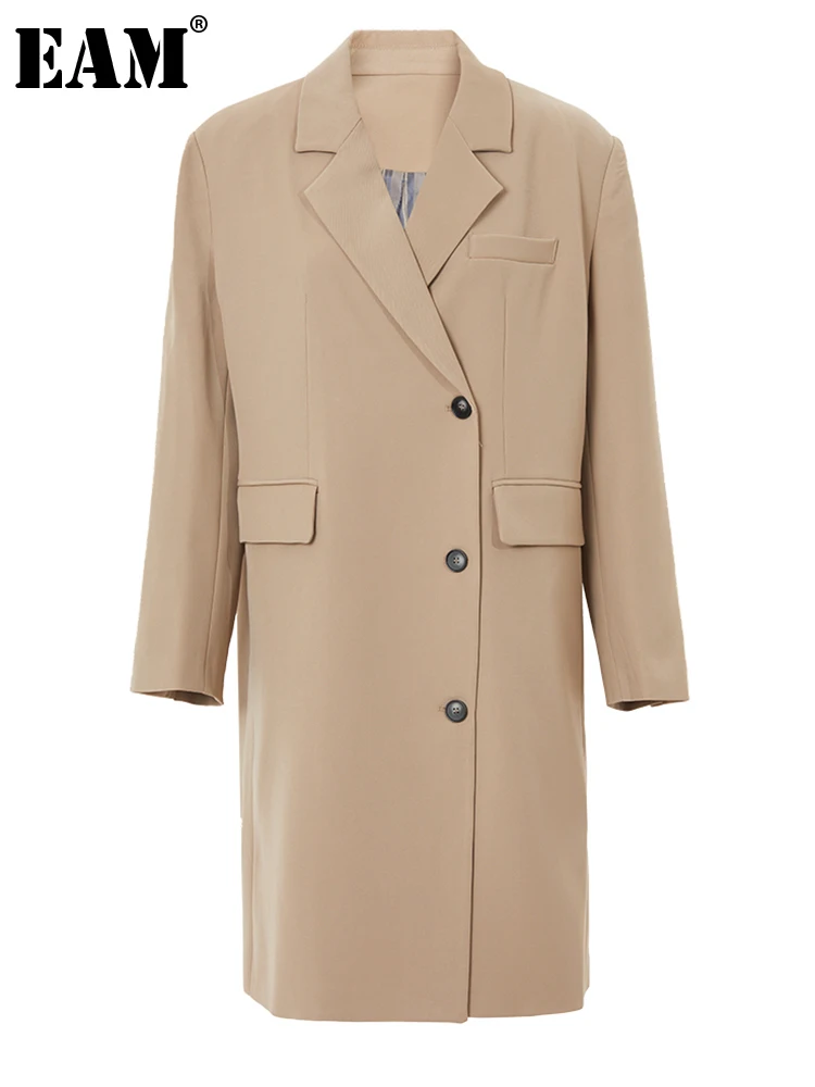 

[EAM] Women Khaki Irregular Big Size Long Blazer New Lapel Long Sleeve Loose Fit Jacket Fashion Tide Spring Autumn 2023 MZY81505