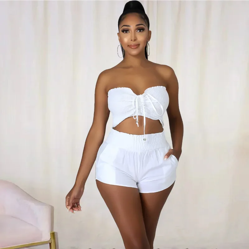 

KEXU Women 2 Piece Set Outfits Fashion Ruched Drawstring Up Strapless Crop Top and Shorts Matching Set 2024 Summer Tracksuit