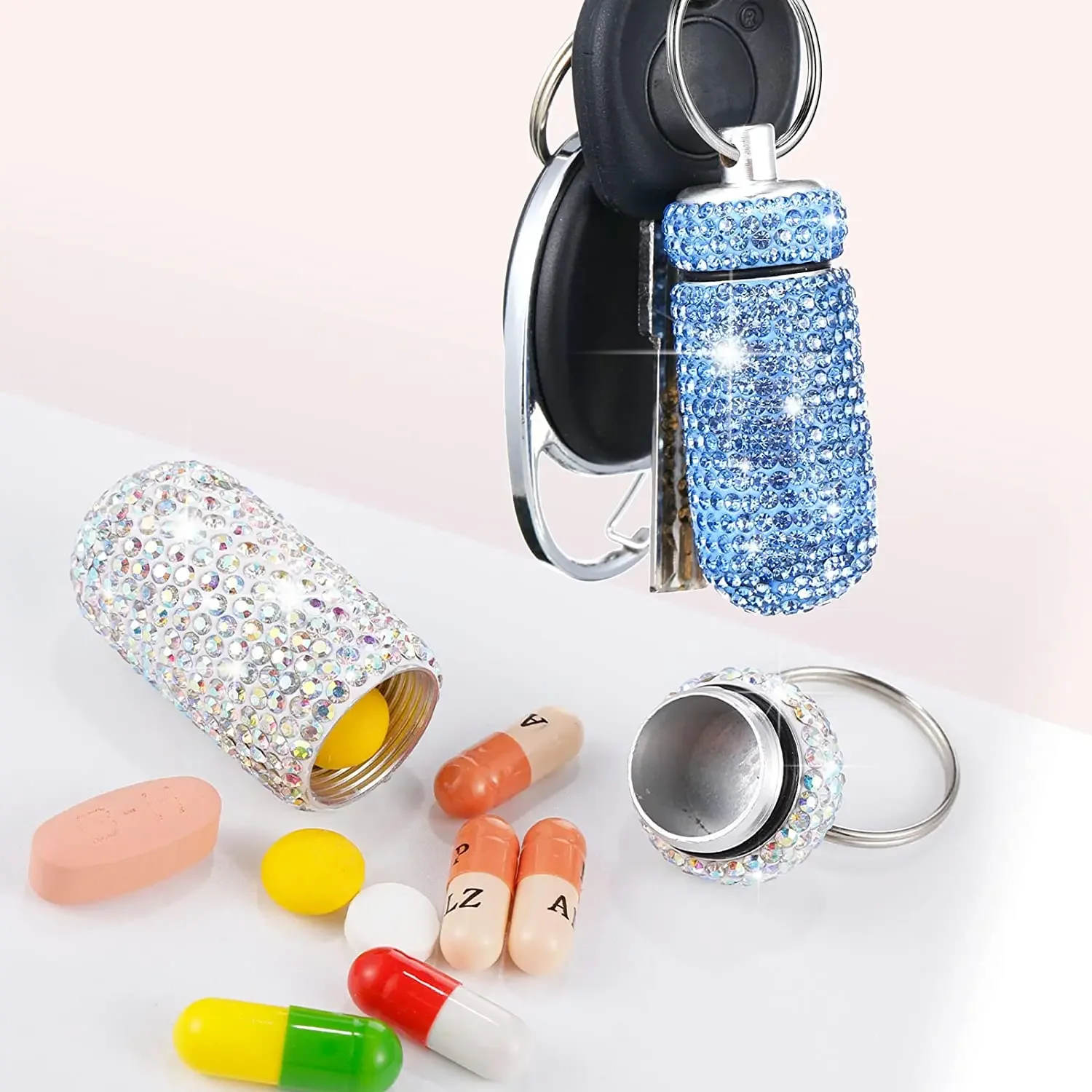 Portable Pill Cases Keychain Mini Medicine Organizer Storage Bottle Full Rhinestone Aluminum Alloy Pill Storage Containers