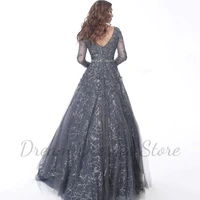 Exquisite Shiny Lace A-Line Prom Dress Scoop Neck Long Sleeves Illusion Tulle Women Floor Length with Beading Belt Party Gowns - Image 2