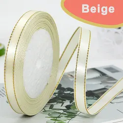 Elegant Satin Ribbon with Gold Trim - 25 Yards, 10mm Width - 10mm (Beige)