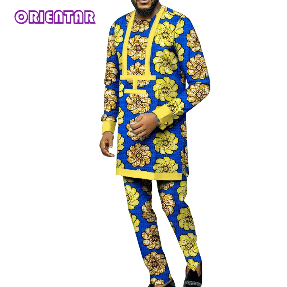 2 Pieces Set Men African Clothes Long Sleeve Print Shirt and Pants African Outfits Set Dashiki Bazin Riche Men Suits WYN991