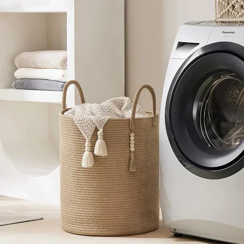 Tiowo Grande Corda di Cotone Ceste per la Biancheria Pom Pom Cestello