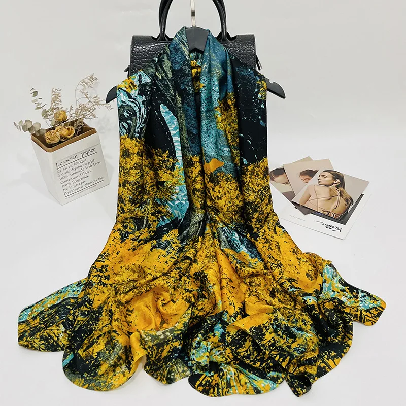 Chinese style brocade large shawl, printed silk scarf, sun protection, women's beach long towel, thin air conditioning scarf