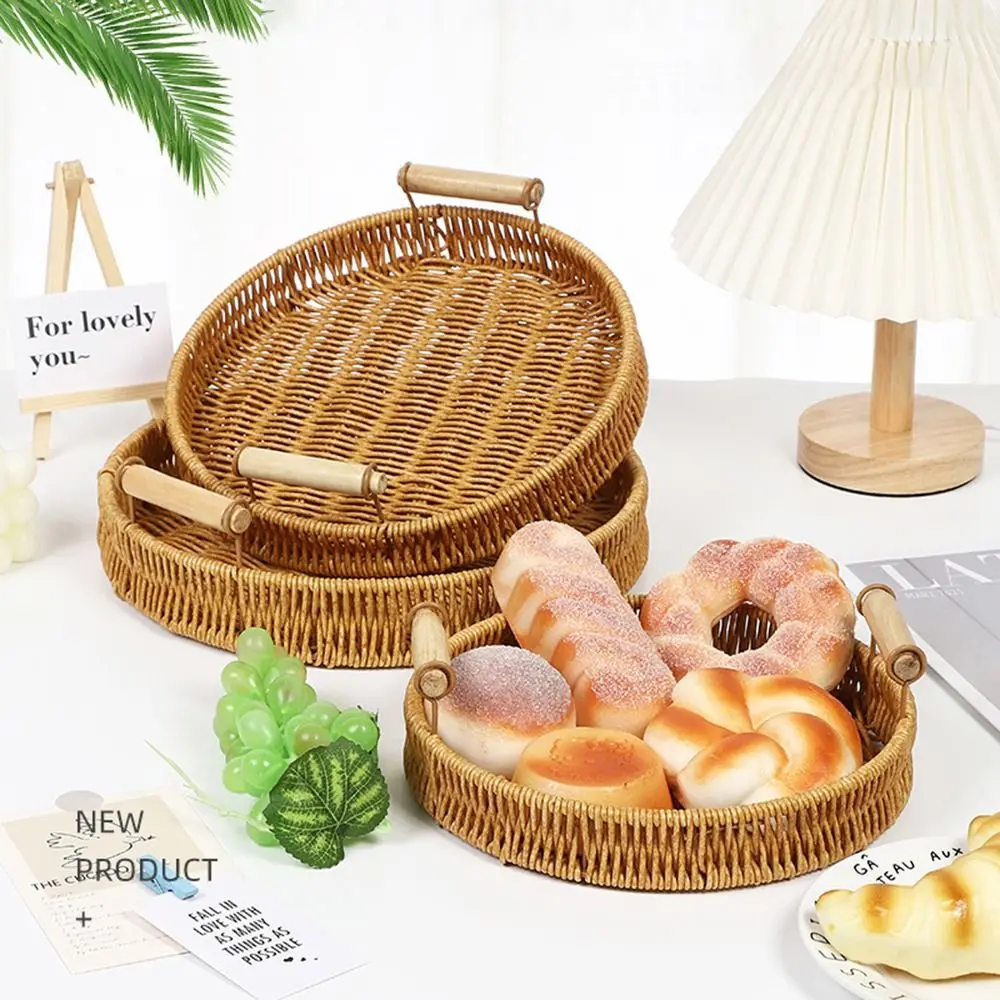 Food Plate Handwoven Plastic Rattan Storage Tray Round Shape Fruit Vegetable Cake Wicker Rattan Threads Basket With Handle 4