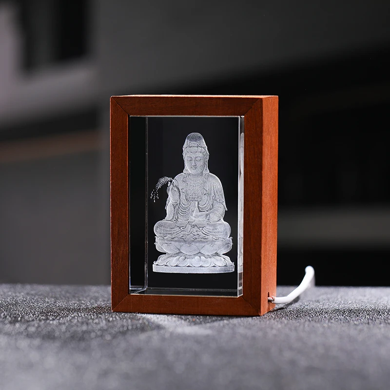 Avalokitesvara Crystal Figurine Fengshui Decoration Buddhist Religious Ornament 3D Laser Engraving Crystal Craft Gifts 3