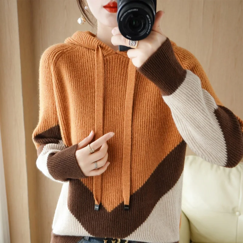 

Autumn Winter Women Thickening Wool Sweater Long-sleeved Hooded Wool Pullover Women's Patchwork Color Contrast Bottoming Shirt