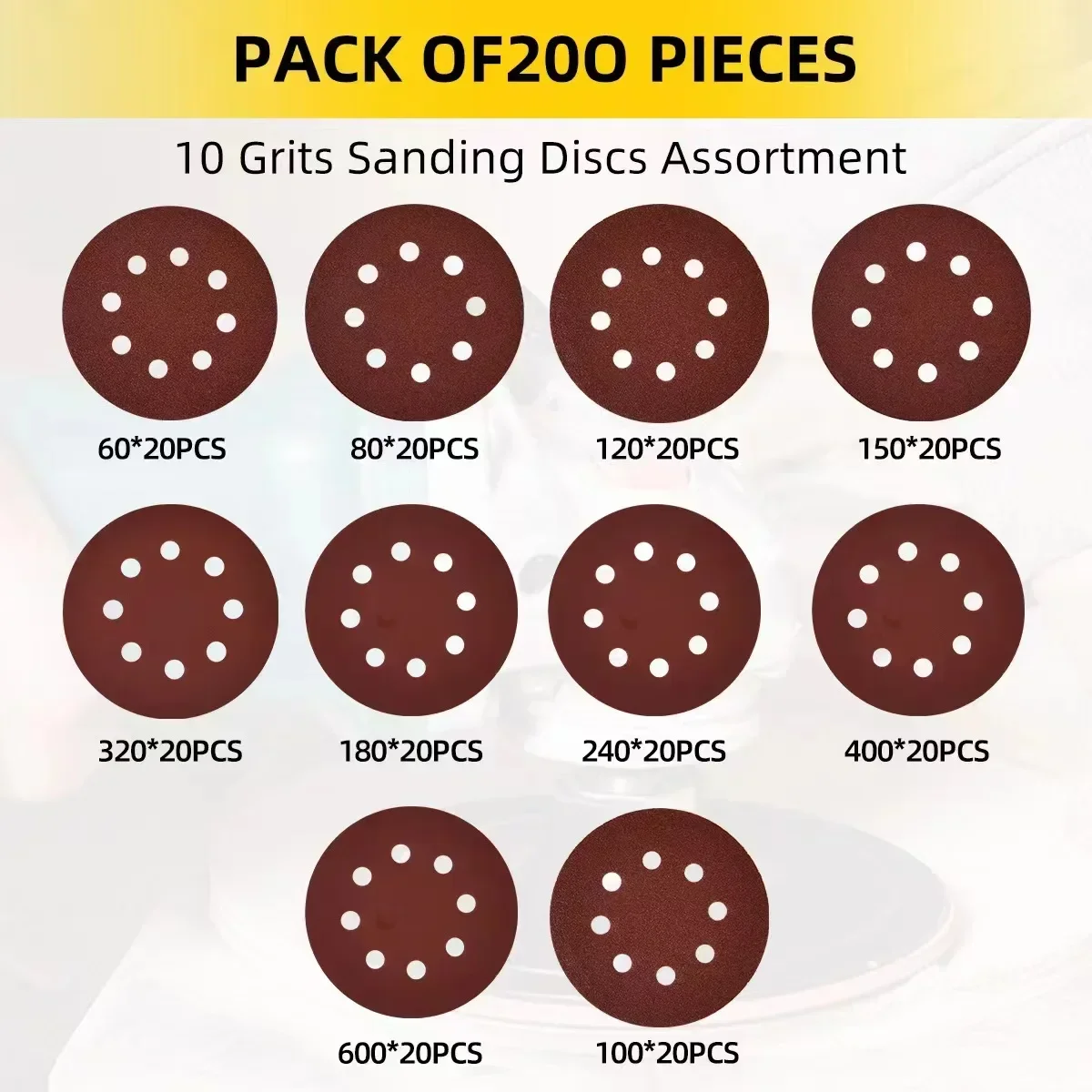 5 Inch 8-Hole Sanding Disc Set-200 Pieces Sandpaper 10 Grades Including 60, 80, 100, 120, 150, 180, 240, 320, 400, 600 Grit