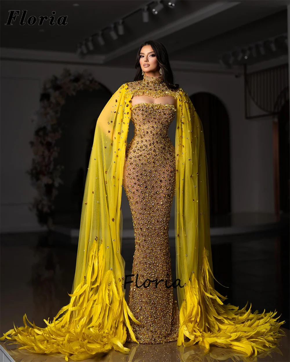 

Arabic Beaded Evening Dresses Handmade Crystals Cape Sleeves Mermaid Celebrity Party Dress Robes De Soiree Dubai Prom Dress Gown