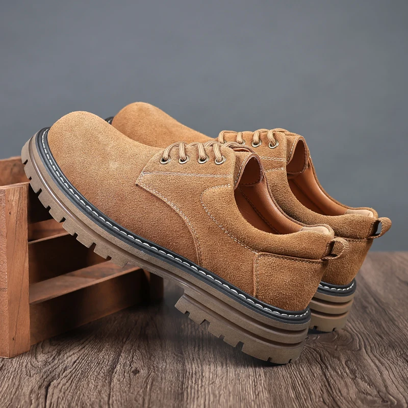 Men ML British lace-up boots platform anti-slip suede casual round toe leather shoes low help working