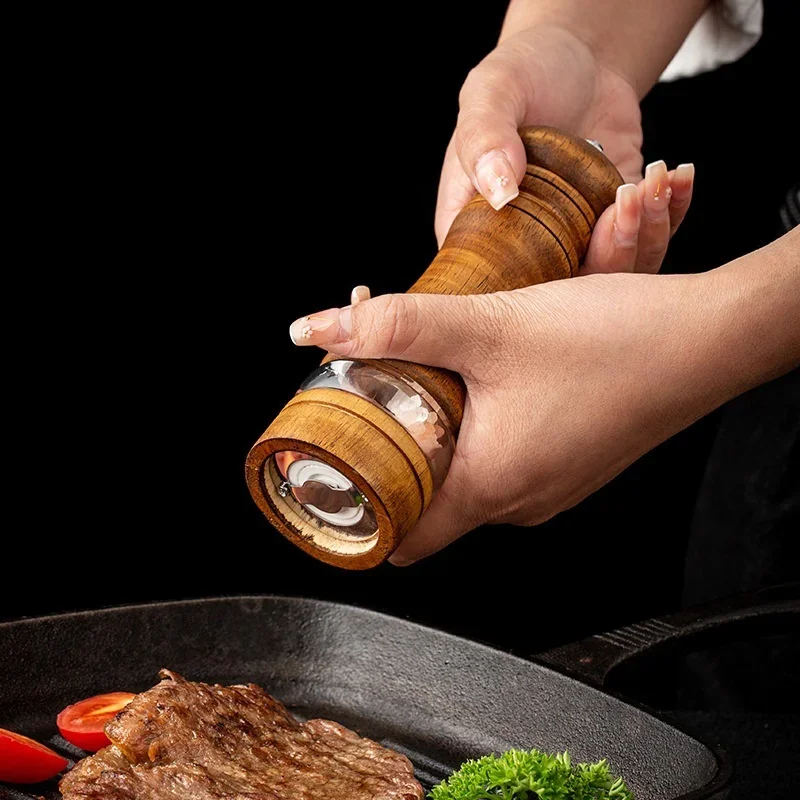 6-inch Manual Pepper Grinder Rubber Wood Acrylic Salt Shakers Adjustable Ceramic Rotor-Refillable Oak Spice Salt Grinding Bottle