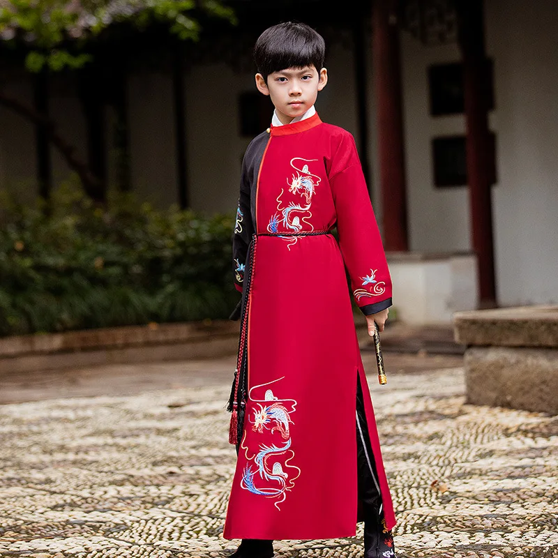 

Autumn Kids Folk Dance Boys Vintage Hanfu Costume Chinese Ancient Traditional Han Dynasty Stage Performance Party Clothing