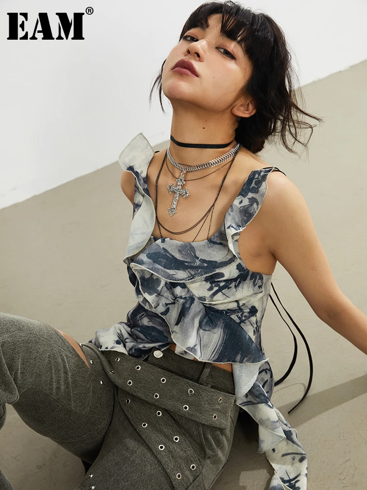 

[EAM] Women Gray Tie Dye Elegant Ruffles Tank Tops New Square Collar Sleeveless Personality Fashion Spring Summer 2024 1DF7541