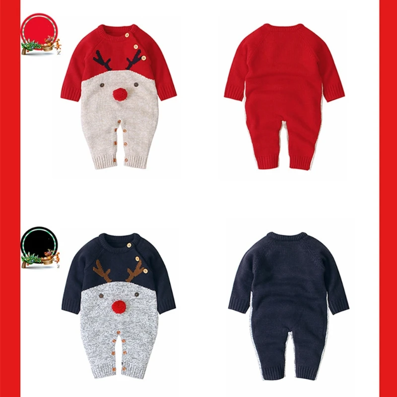 

Q81A Baby Christmas Sweater Romper Spring Autumn Knitting Cartoon Reindeer Outfit Newborn Long Sleeve Jumpsuit