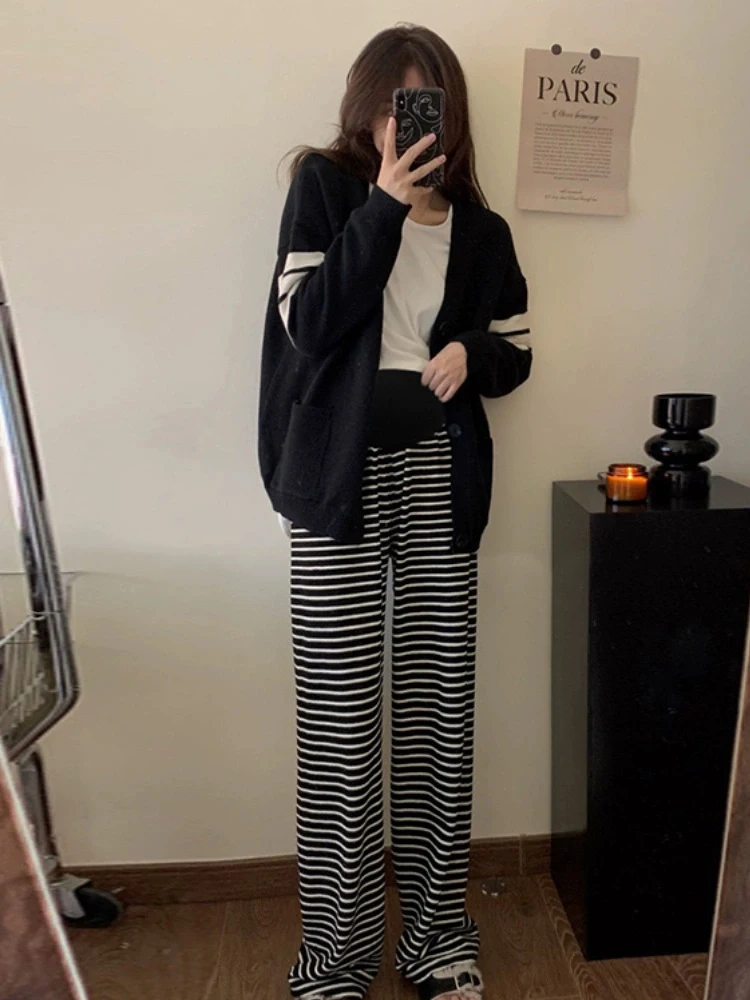 임산부용 와이드 레그 팬츠 스트라이프 베이스 레이어 팬츠 가을 착용 임산부용 루즈 캐주얼 스트레이트 바닥 길이 바지