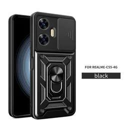 Shockproof Armor Phone Case with Car Holder and Camera Lens Protection for Realme 10ProPlus (Black)