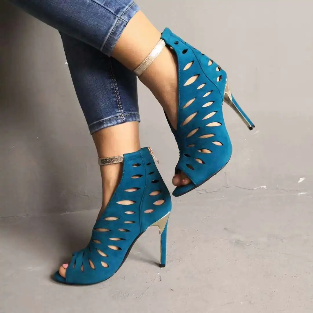 

Pumps Zapatos Mujer Luxury Chaussures Femme Tamber Heels Suede Sandals Peep Toe Women Shoes Hollow SandaliasTurquoise Stiletto
