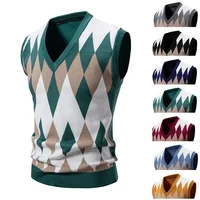 New Knitted Thread Men's Fashion Embroidery Color Matching V-neck Sleeveless Sweater Casual Lining Vest Men's Top 1