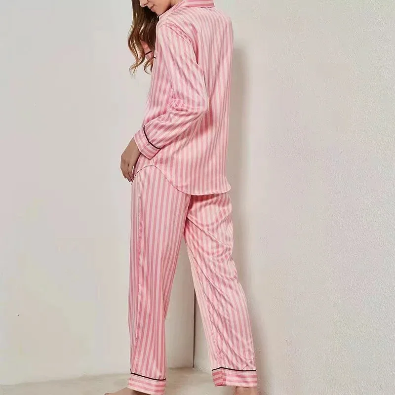Autumn 2 Pieces Women's Pajamas Sets ice Silk Striped Cardigan Pyjama Women's Pajamas Sleepwear Sets Spring Summer VS Homewear