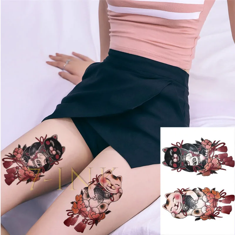 Temporary Tattoo Sticker Body Art Ukiyoe Sexy Girl Cat Pink Flower Skull Water Transfer Fake Tatoo Flash Tatto for Woman Man