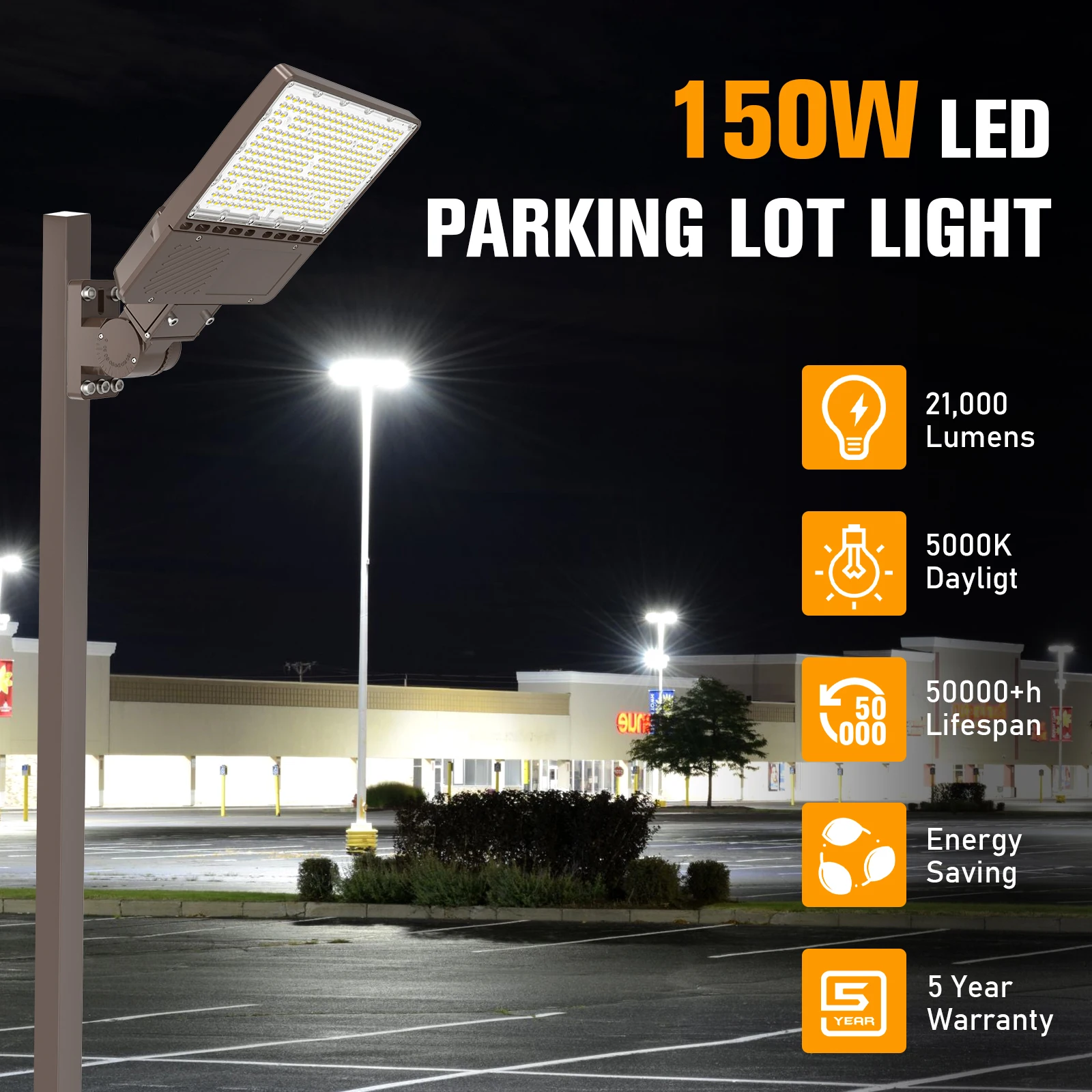 150W Parking Lot Lighting AC100-277V IP65 Outdoor Waterproof 5 Years Warranty UL DLC Listed Area Pole LED Street Light