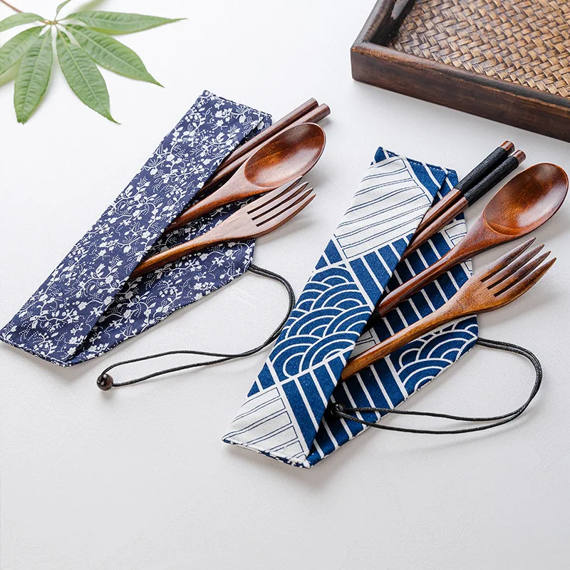 Wooden Cutlery Set Spoon Fork Cutter Reusable Flatware Portable Dinnerware Tableware Student Lunch Supplies