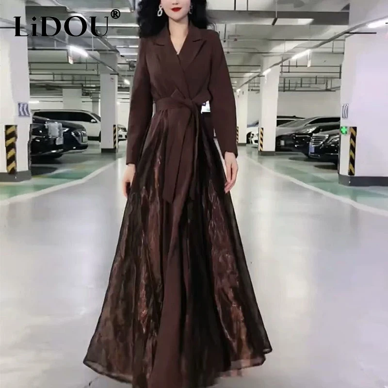 

Spring Autumn Elegant Fashion Mesh Patchwork A-line Dress Lady Temperament Waist Evening Robe Women Long Sleeve Lace Up Vestido