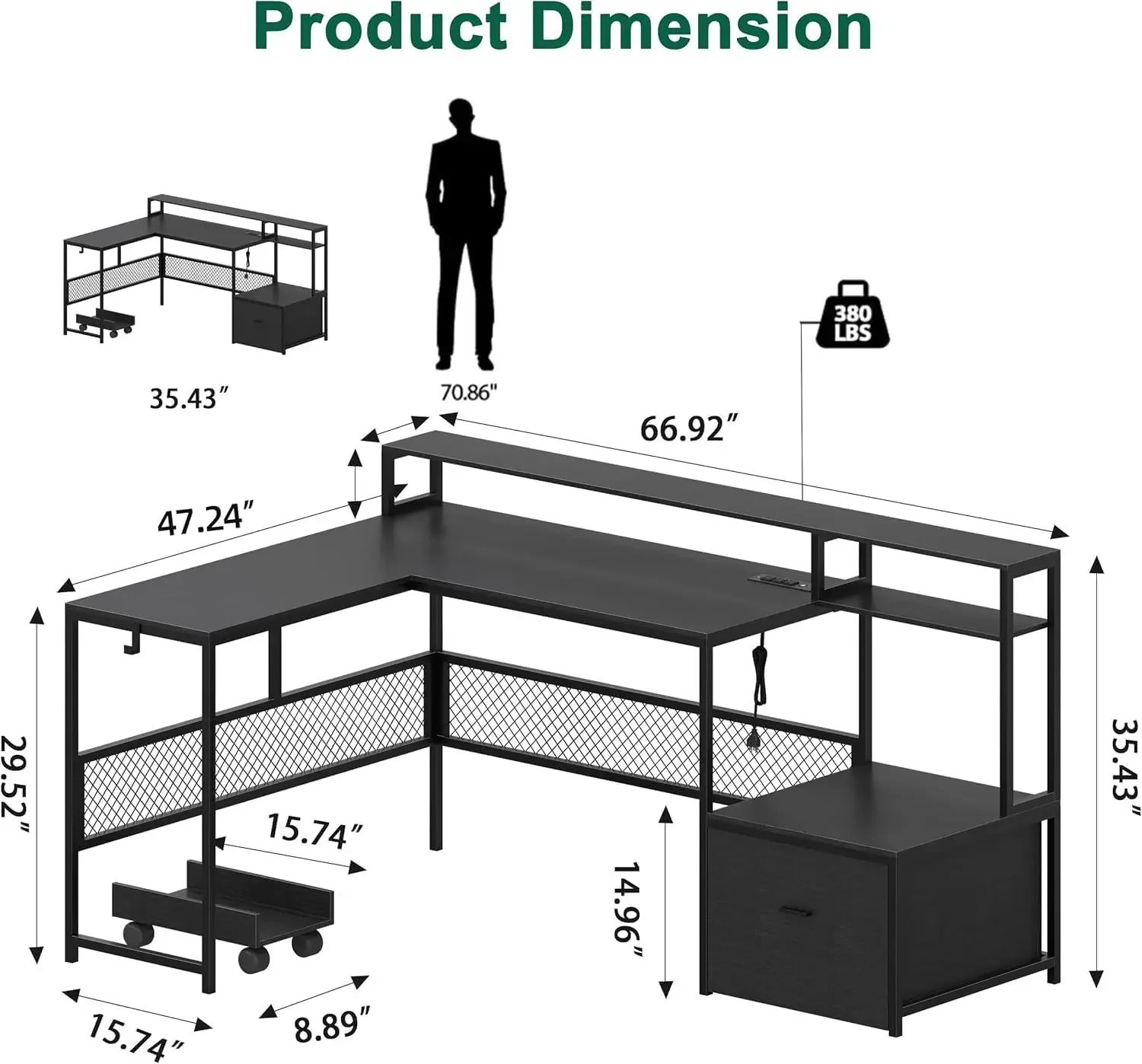 "66-inch executive corner desk with storage, power outlet, and led lighting"