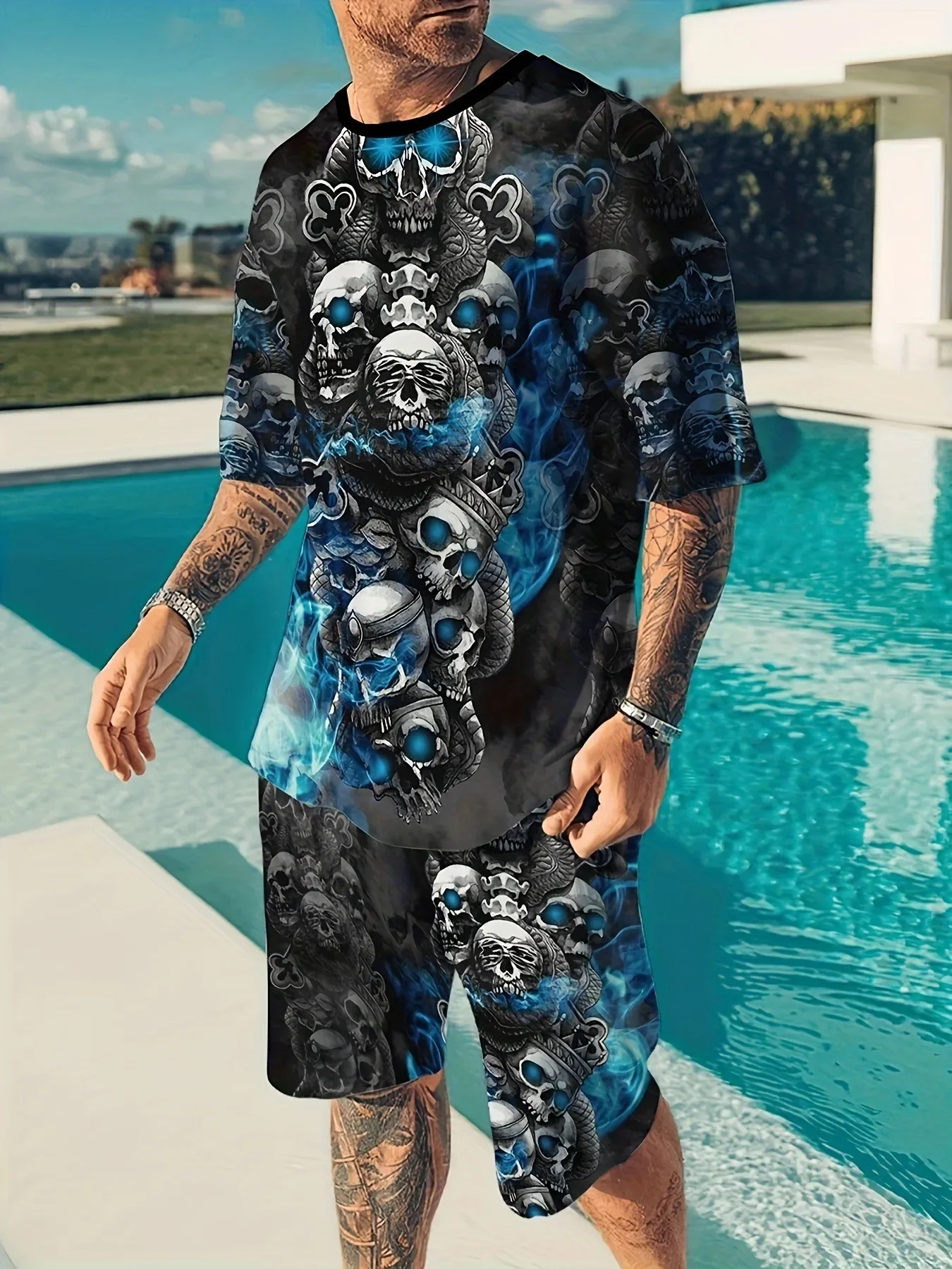 Goth Horror Skull 3D Print Punk T-Shirt Shorts 2 Piece Hip Hop Men Women's Fashion Streetwear Casual T-Shirt O-Neck Hot-selling 2