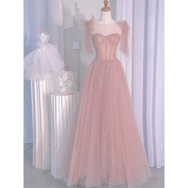 Latest Elegant Pink Wedding Dress Host Stage Dress Design Celebrity Sequins Dress Formal Party Dress Prom Dress Graduation Dress new gold embroidery long puffy dress host performance graduation dress birthday party bride bridesmaid dress prom dresses