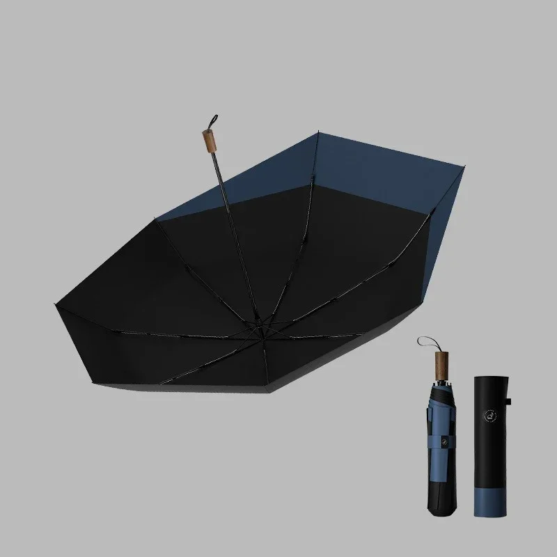 מטריה מתקפלת עם ידית עץ, מטריה לנסיעות עמידה ברוח חזקה, קומפקטית וקלת משקל עם 7 רצועות מתקפלות לגברים ונשים