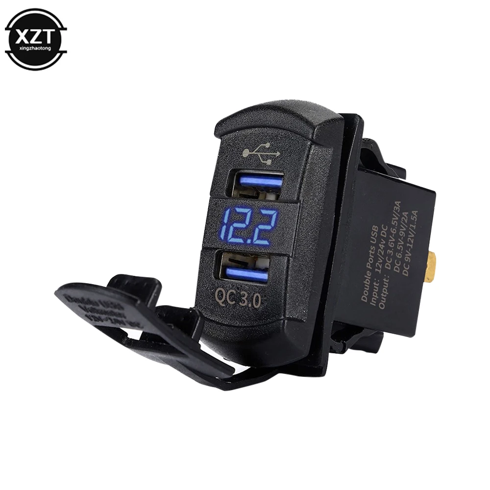 

QC3.0 Dual USB Car Charger Socket 12-24V Voltmeter Phone Charge Power Adapter for Motorcycle Boat Marine Truck ATV