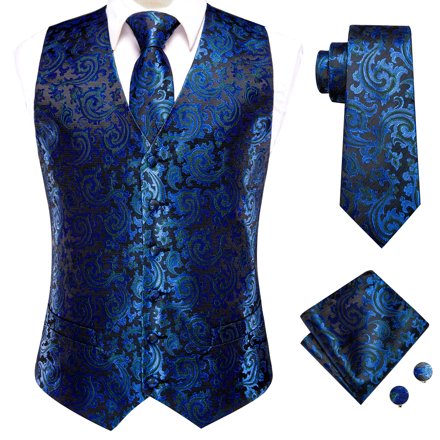 Elegant Sage Green Men's Floral Suit Vest Set – 4-Piece Ensemble with Woven Blue Accents