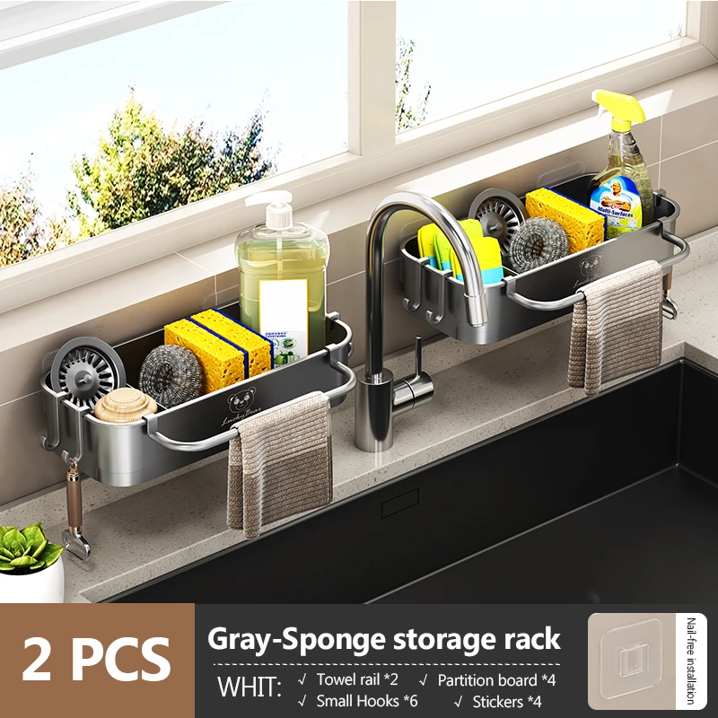 2 Pcs Sponge Holder Kitchen Sink Caddy With Hooks, Dish Sponge Organizer With Divider, Dish Soap Dispenser Brush Holder Storage