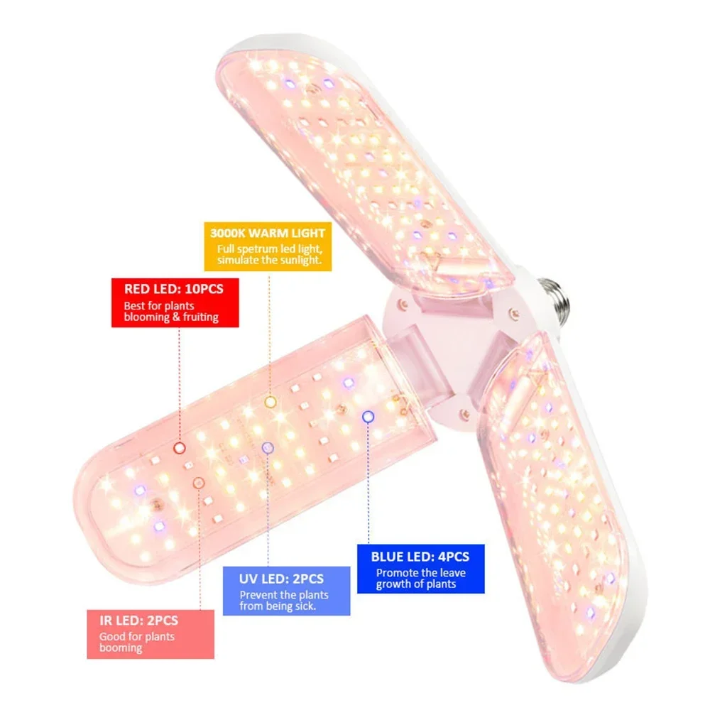 2/3/4 Leaf 24/36/48W LED Folding Full Spectrum Plant Growth Light E27 Spiral Succulent Fruit and Vegetable Fill Light