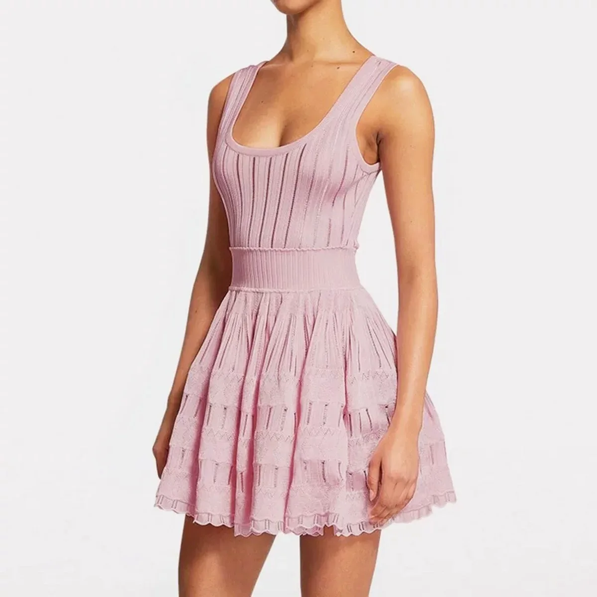 Paris Luxury Brand Design Women Elegant Dress Sexy Casual Street Party Sleeveless Solid Color Hollow Out Chic Lady Mini Dresses 6