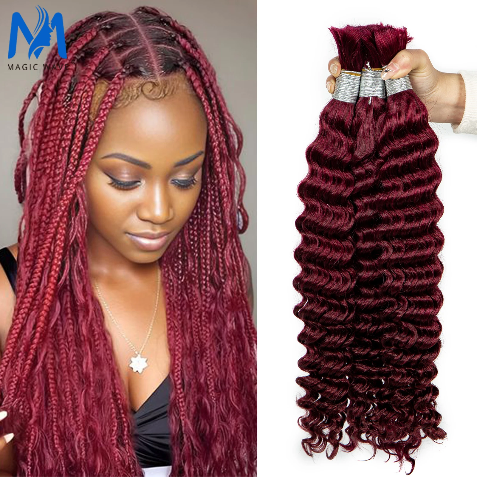 

Deep Wave Human Hair Bulk for Braiding No Weft 100% Virgin Hair 20 26 28 Inch 99J Burgundy Bundles Curly Braiding Hair for Women