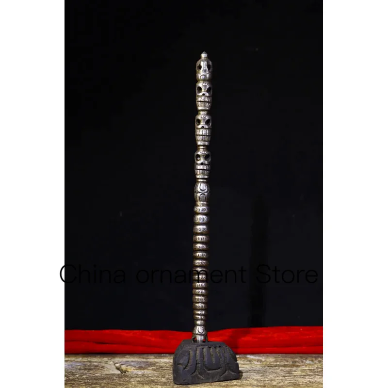 

13"Tibetan Temple Collection Tiantie Skull statue Dorje Vajra Phurba Amulet Dharma Ward off evil spirits Exorcism Wooden base