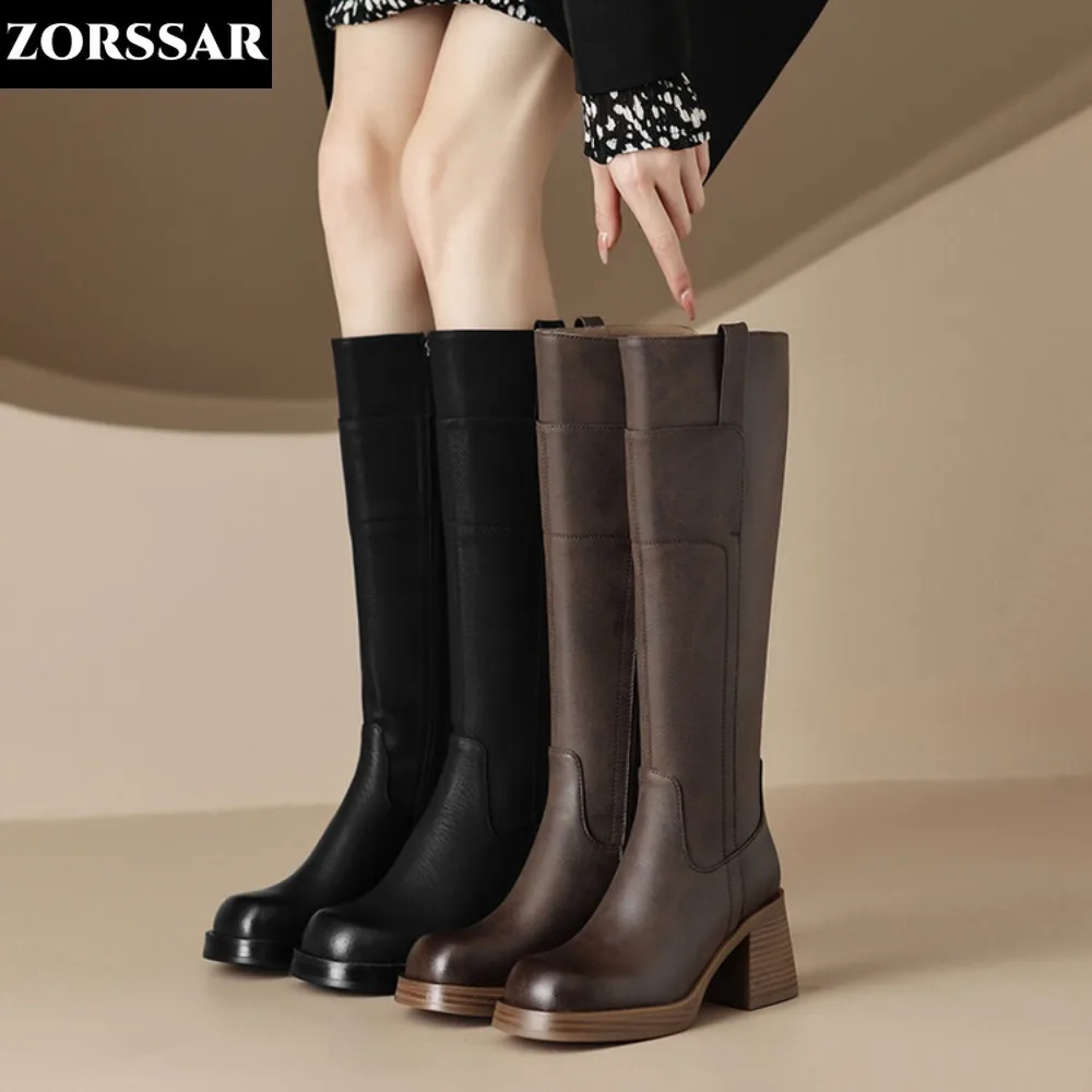 

Cow Leather Riding Boots Women Knee High Autumn Winter Fashion Knight NightClub Dance Party Woman Thigh High Boots Chunky Heels