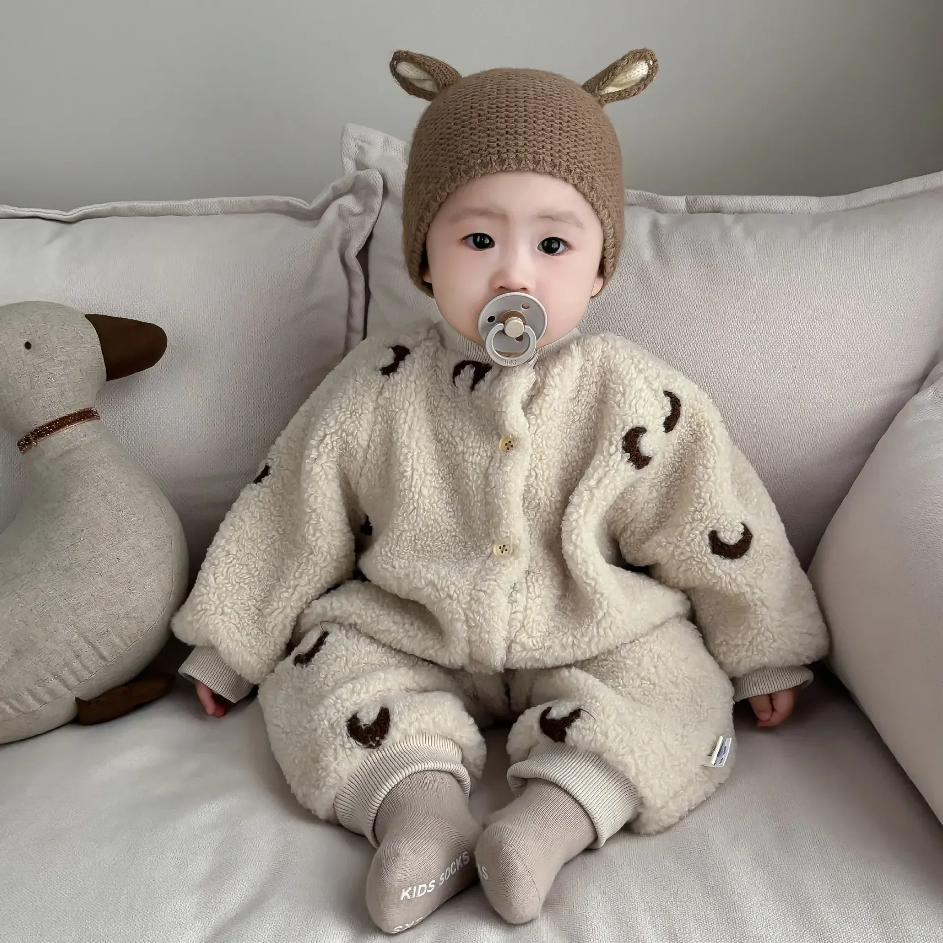 Korean Baby Jumpsuit Winter Embroidery Plush Warm Rompers for