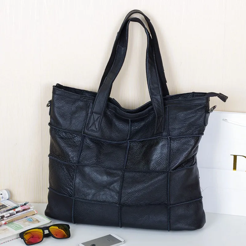 Large Capacity Women's Tote Bag Real Sheepskin Leather Shopping Shoulder Bags Soft Patchwork Design Ladies Top Handle Handbags