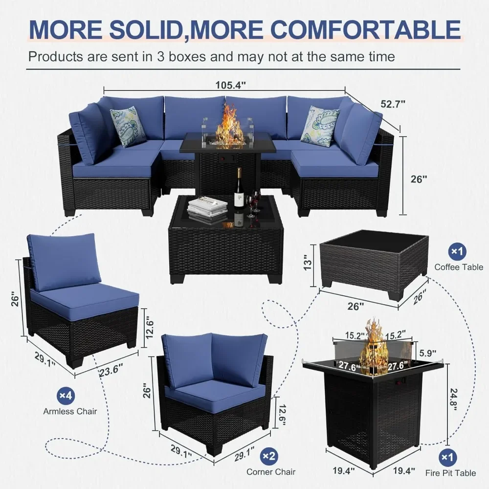 8 Pieces Outdoor Sectional Furniture, Rattan Wicker Patio Sofa Couch with 28in Gas Fire Pit Table,Conversation Sets for Backyard
