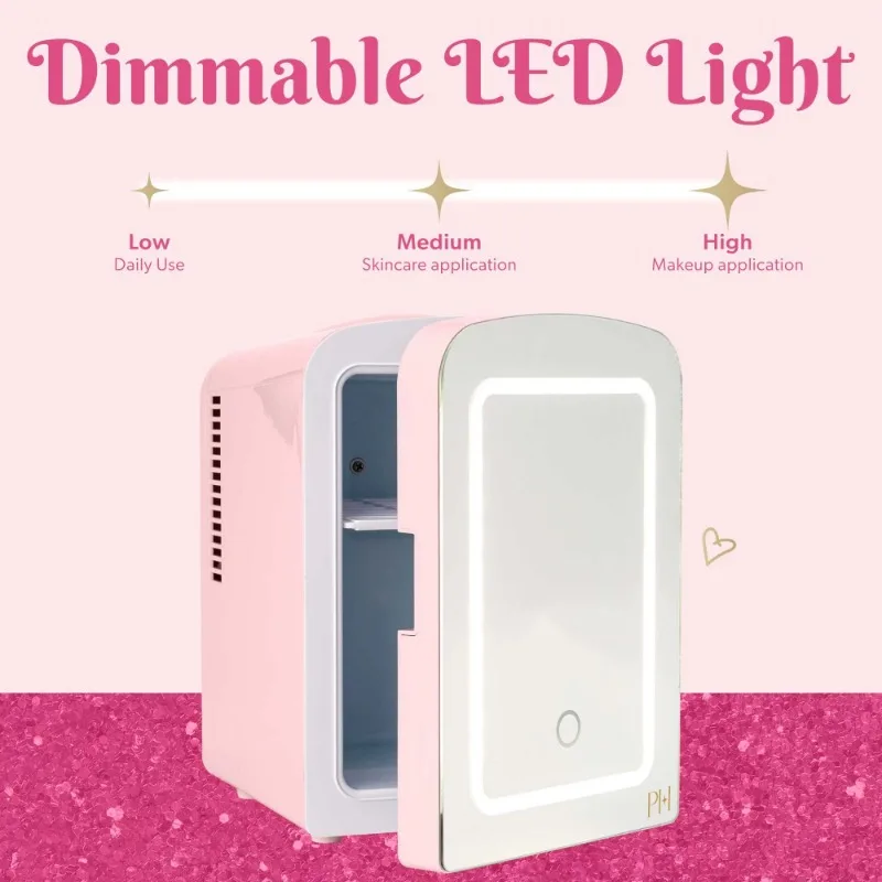 Paris Hilton Mini Refrigerator and Personal Beauty Fridge, Mirrored Door with Light, 4 Liter, Pink 5