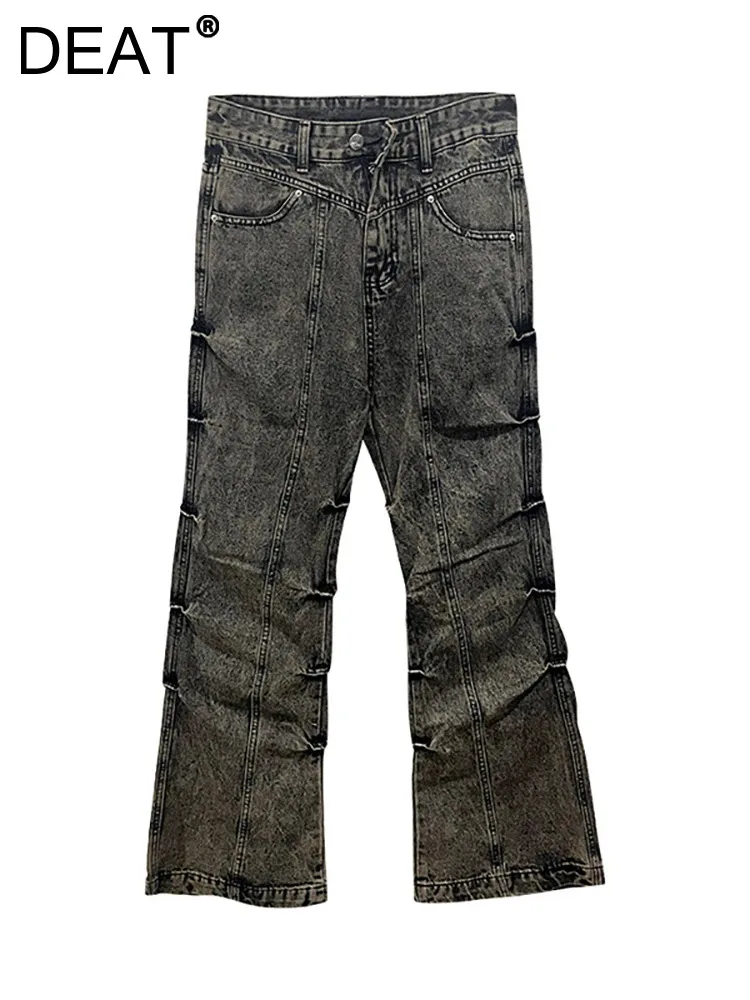 

DEAT Women's Jeans High Waist Vintage Do Old Patchwork Pleated Straight Wide Leg Denim Pants 2023 Autumn New Fashion 29L5232